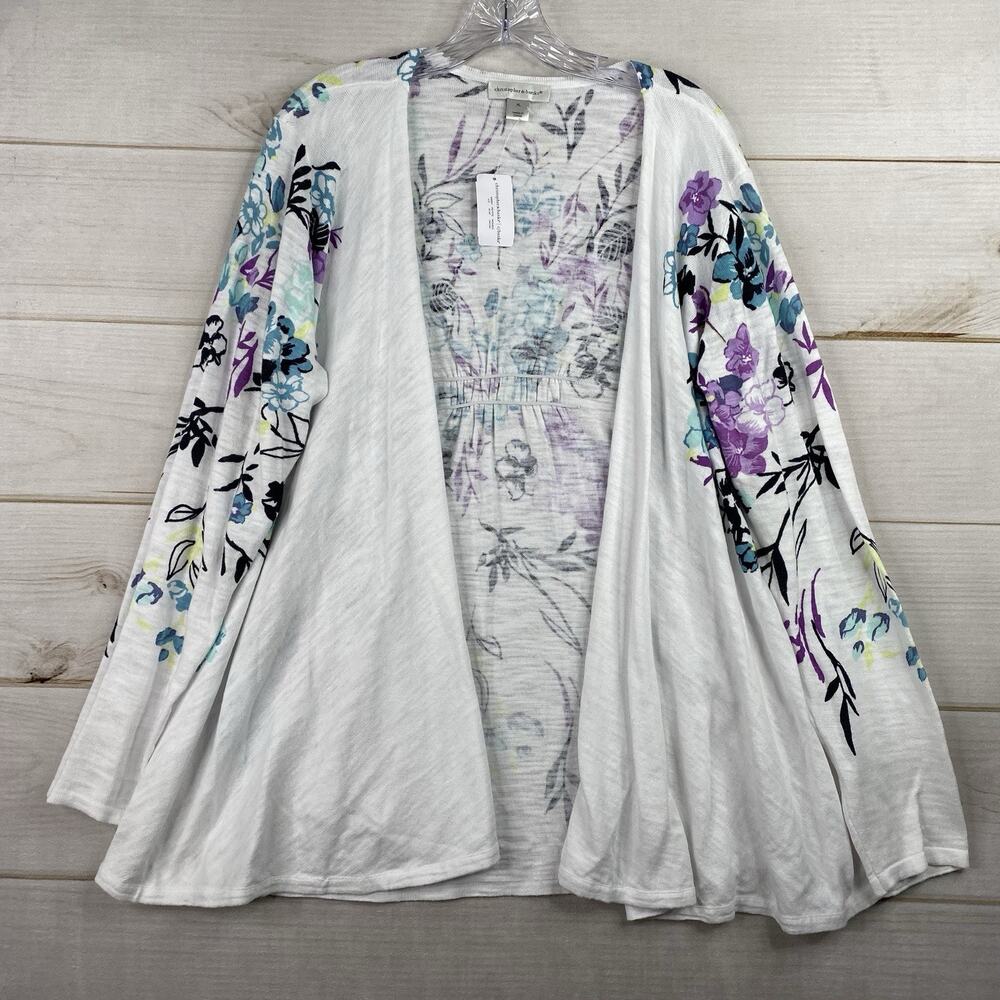 CJ Banks Cardigan Sweater Womens XL White Floral Open Front Artsy Duster NWT